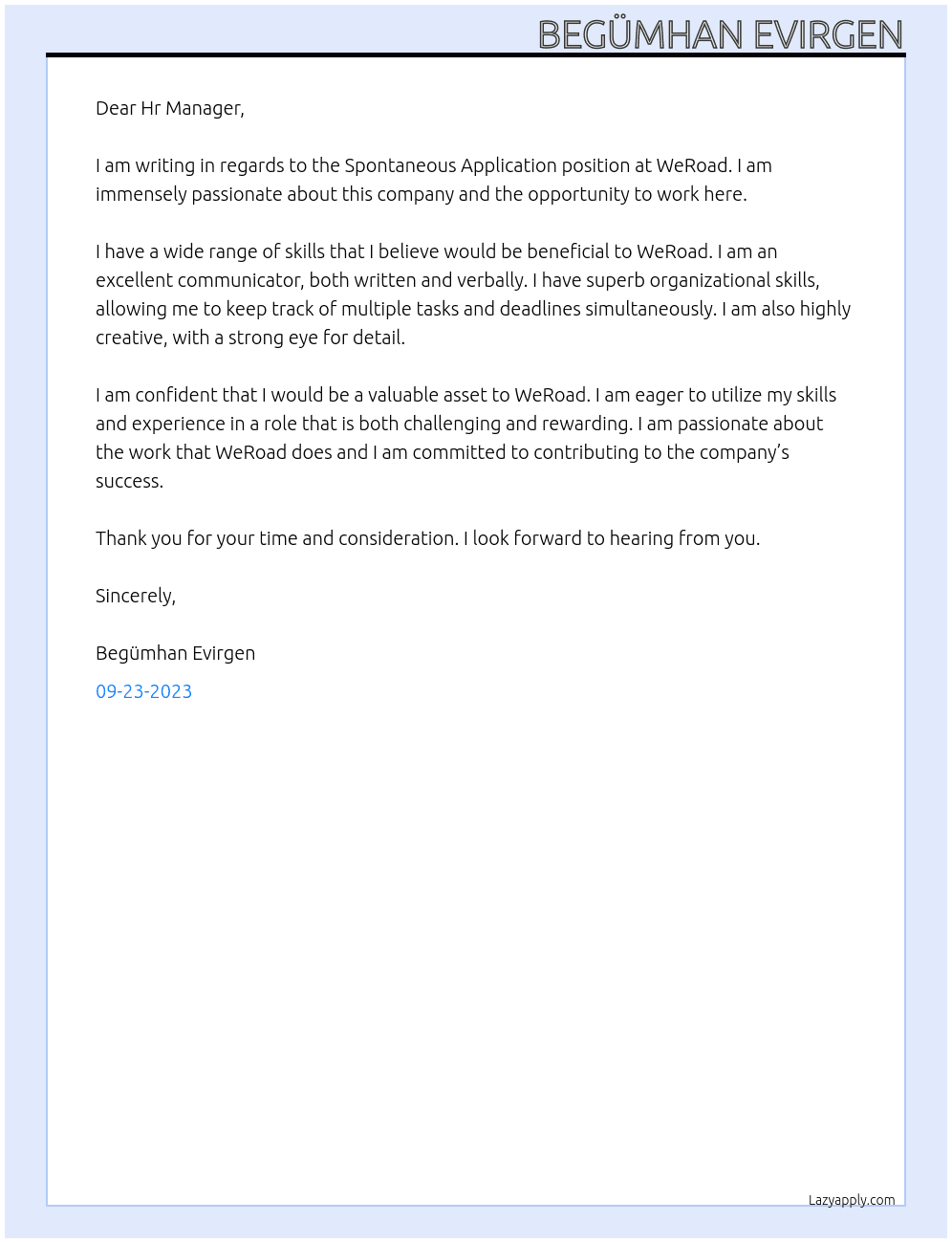 Spontaneous Application At WeRoad Cover Letter