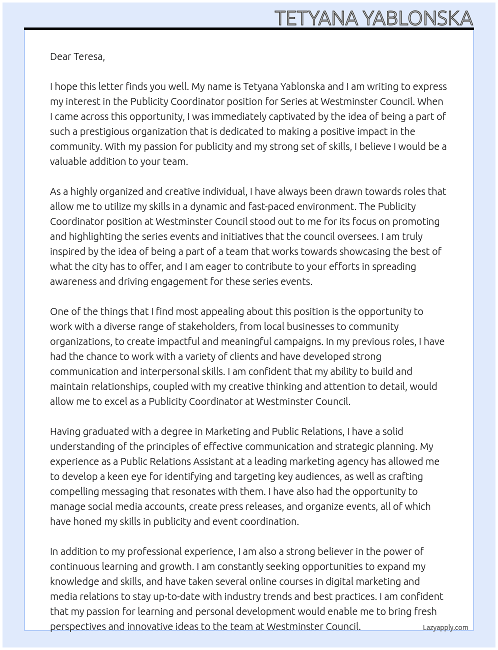 Publicity Coordinator, Series At Westminster council Cover Letter