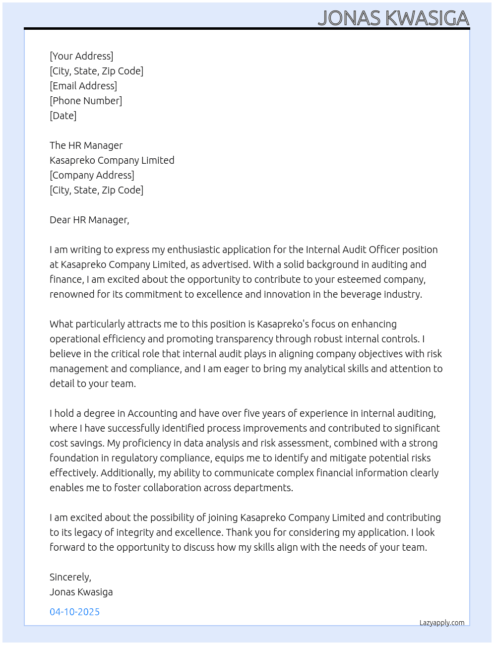Internal Audit Officer At Kasapreko Company Limited Cover Letter