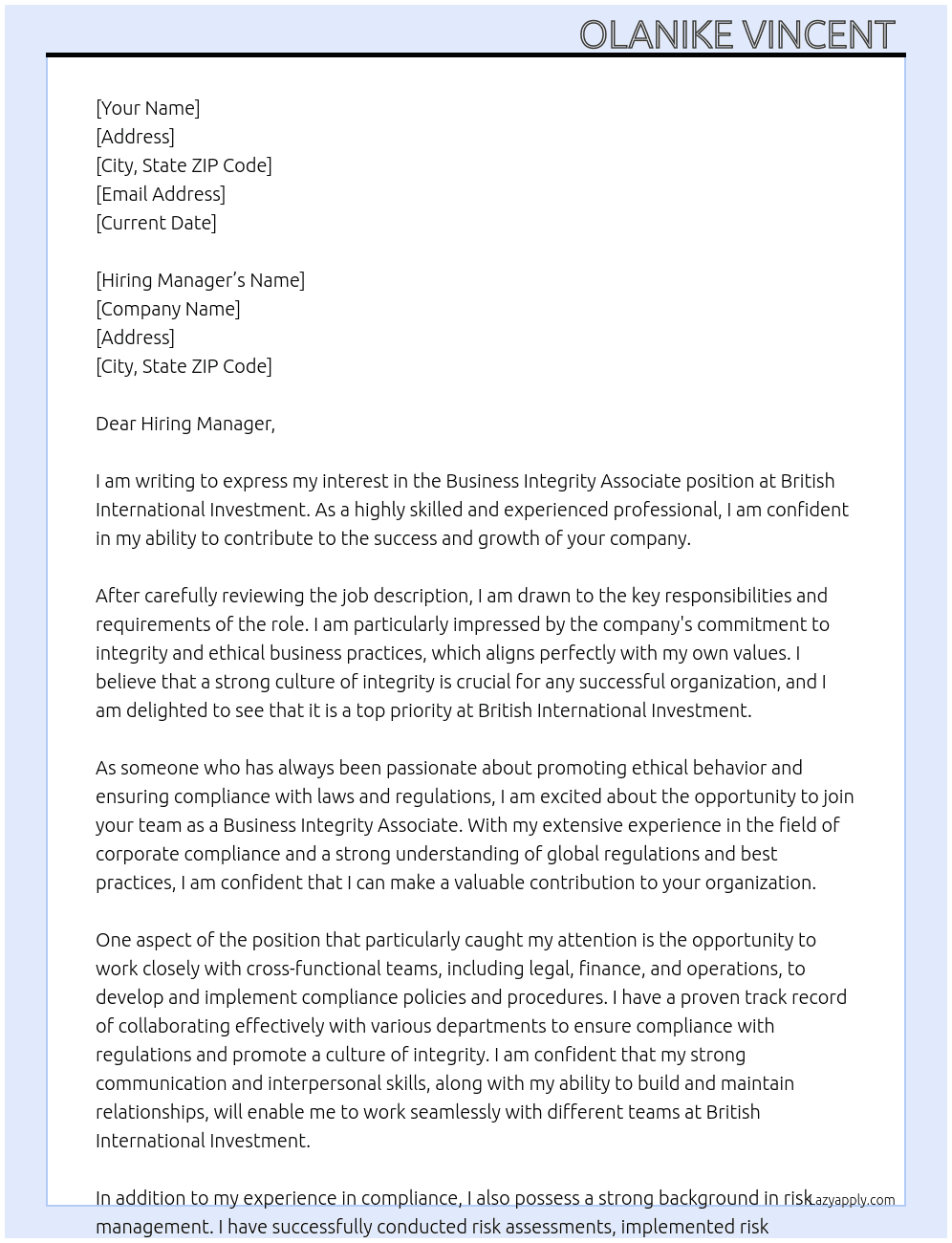 Business Integrity Associate At British International Investment Cover Letter