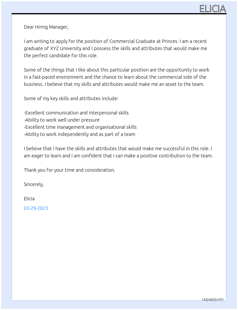 Commercial graduate At Princes Cover Letter