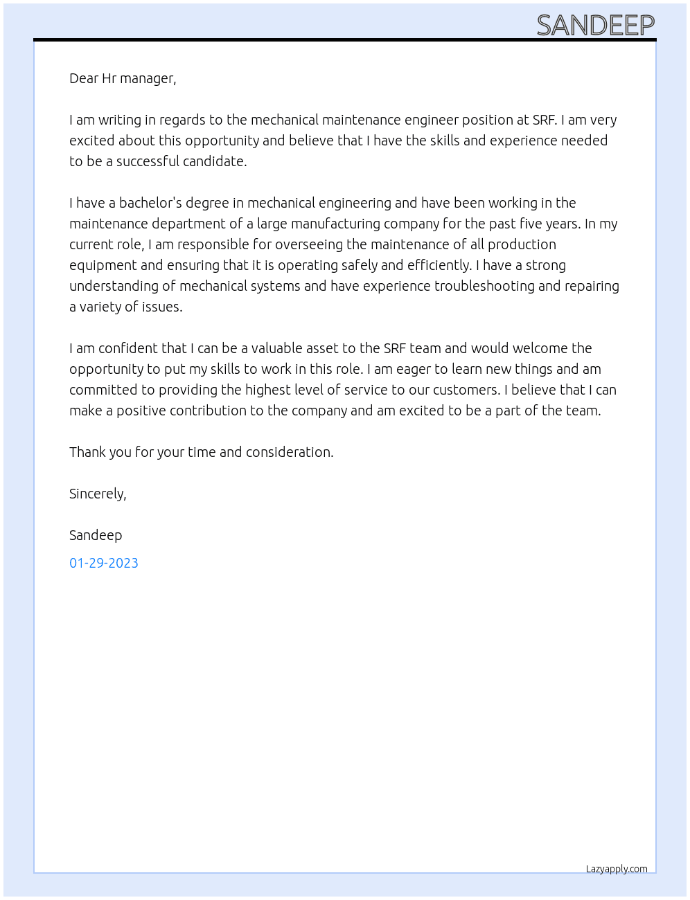 mechanical maintenance engineer At SRF Cover Letter