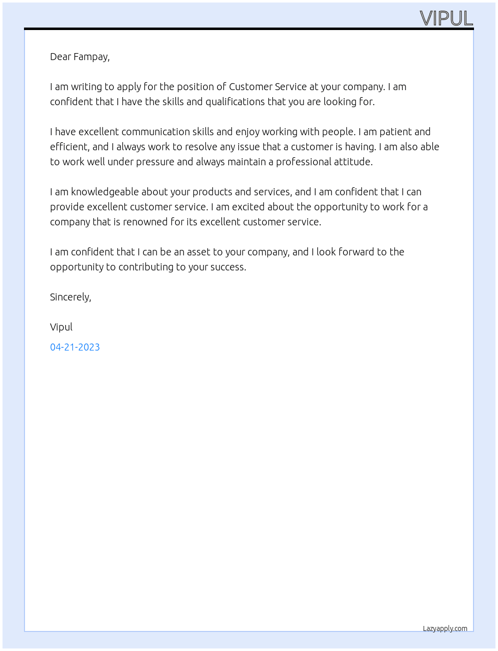 Customer service At Fampay Cover Letter