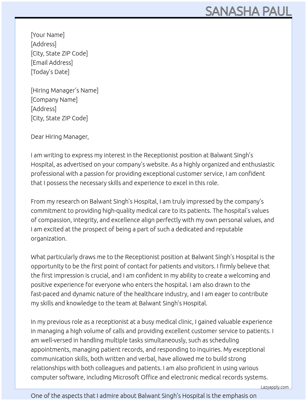 Receptionist  At Balwant Singh's Hospital Cover Letter