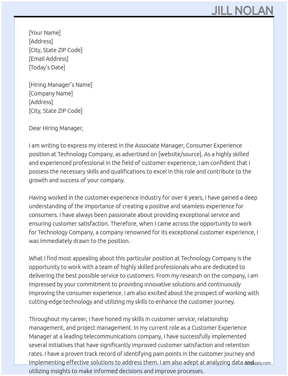 Associate Manager, Consumer Experience At Technology Company Cover Letter
