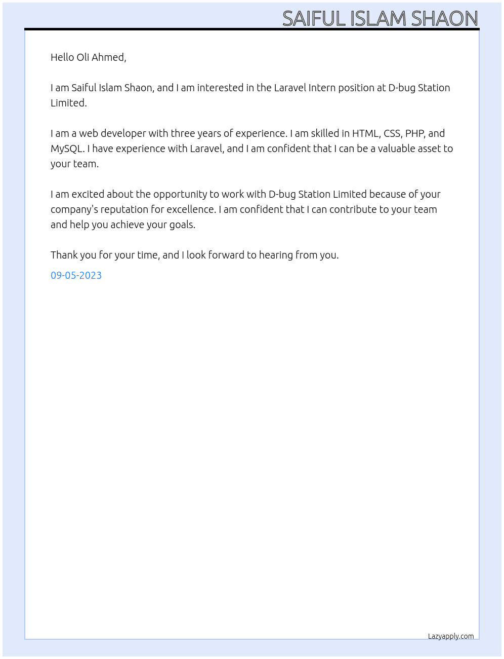 Laravel Intern At D-bug Station Limited Cover Letter