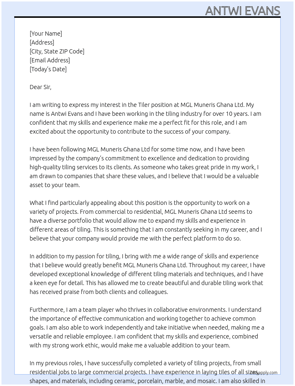 TILER At MGL  MUNERIS GHANA LTD Cover Letter