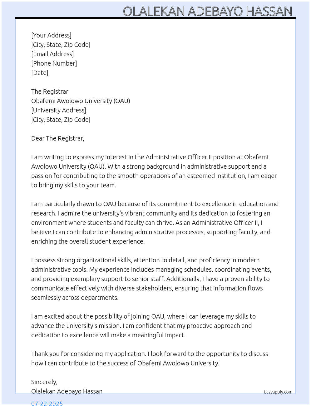 Administrative officer II At Obafemi Awolowo University (OAU) Cover Letter