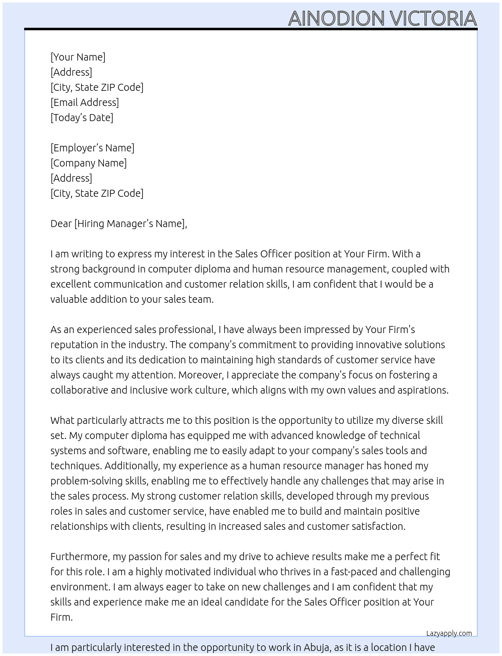 Sales officer  At Your firm  Cover Letter