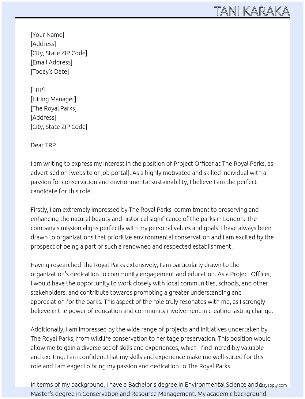 Project Officer At The Royal Parks Cover Letter