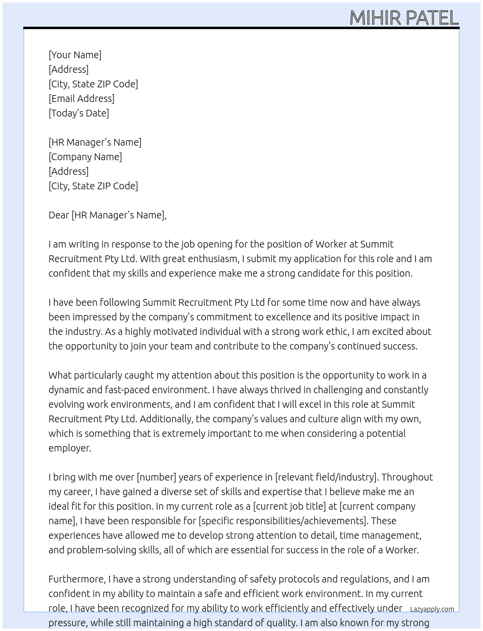 Worker At Summit Recruitment Pty Ltd Cover Letter