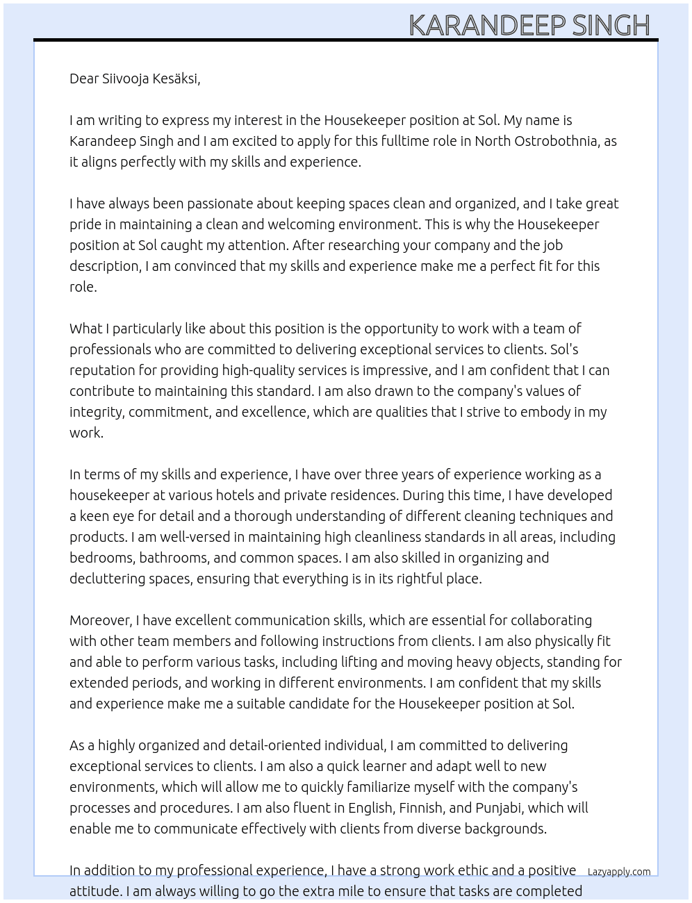 housekeeper At sol Cover Letter