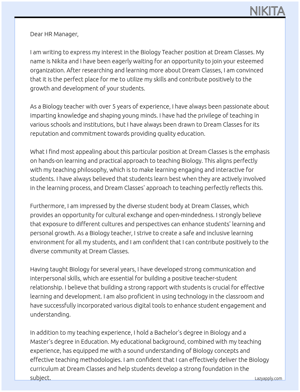 Biology Teacher  At Dream classes Cover Letter