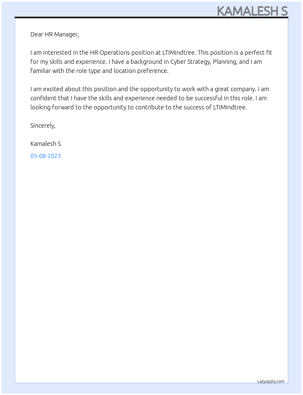 HR Operations  At LTIMindtree Cover Letter