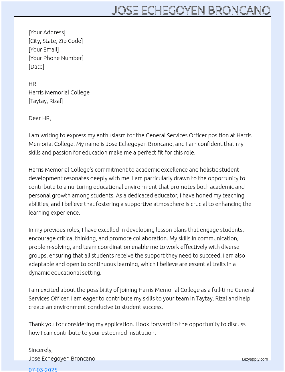 General services officer At Harris Memorial college Cover Letter