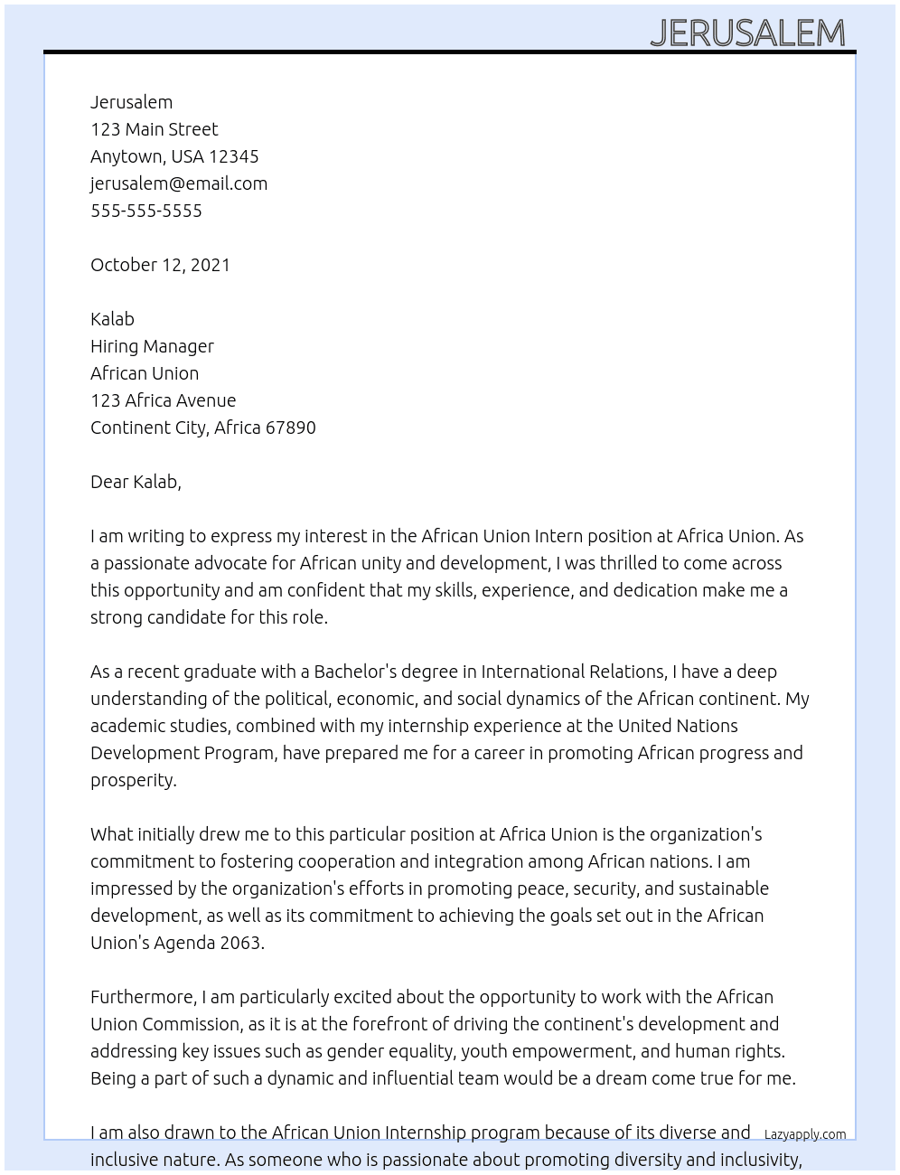 African union intern At Africa union Cover Letter