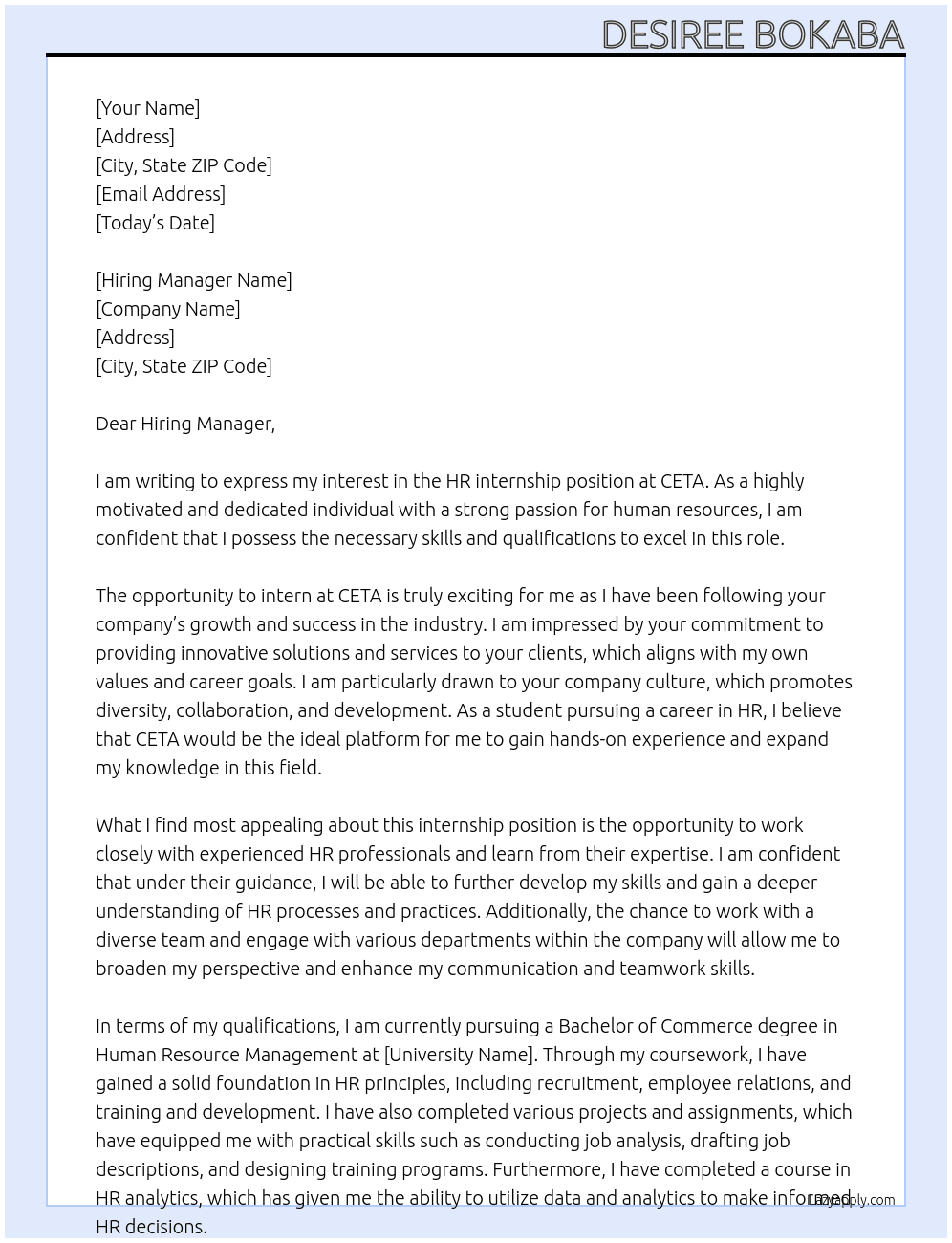 HR internship  At CETA Cover Letter