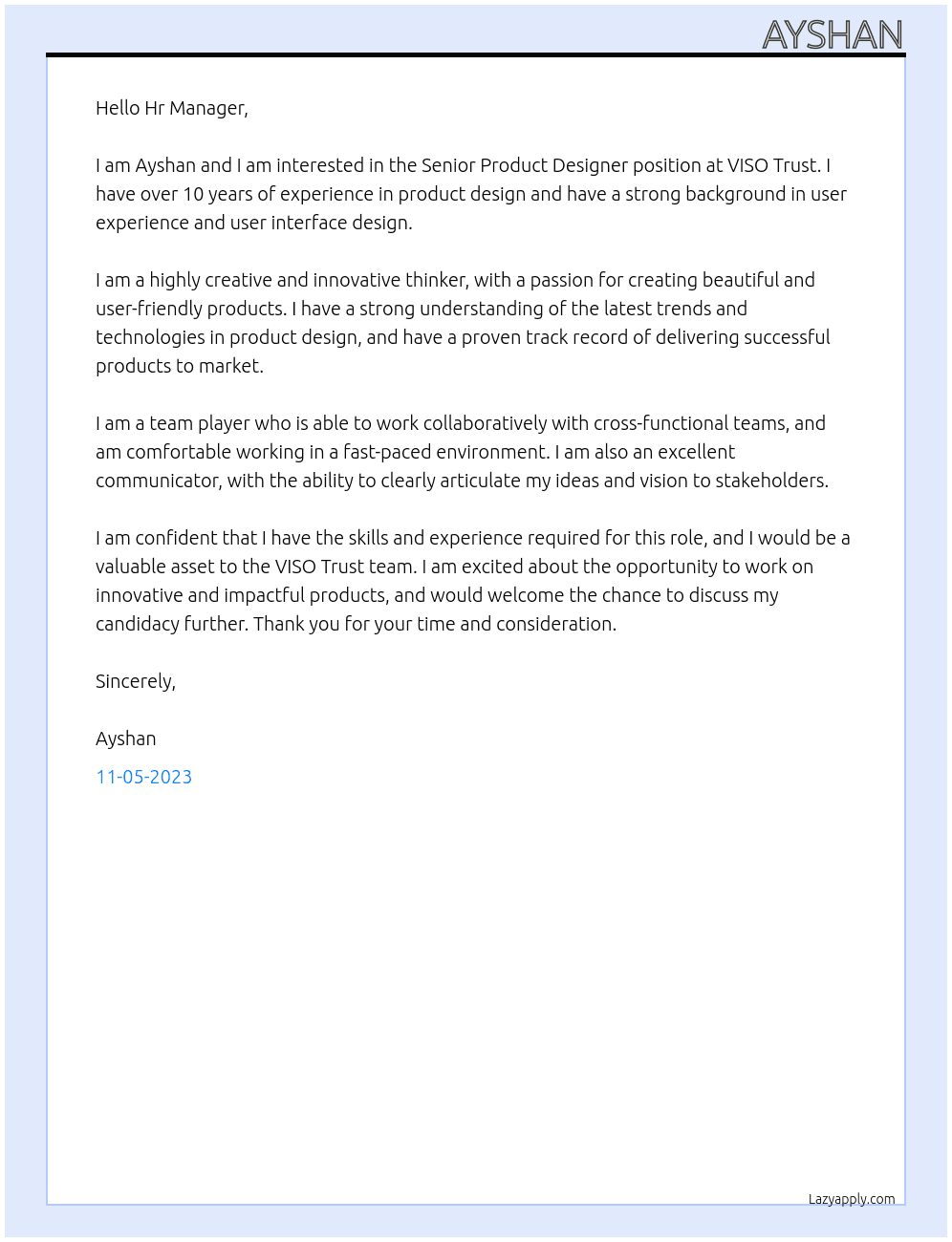Senior Product Designer At VISO Trust Cover Letter