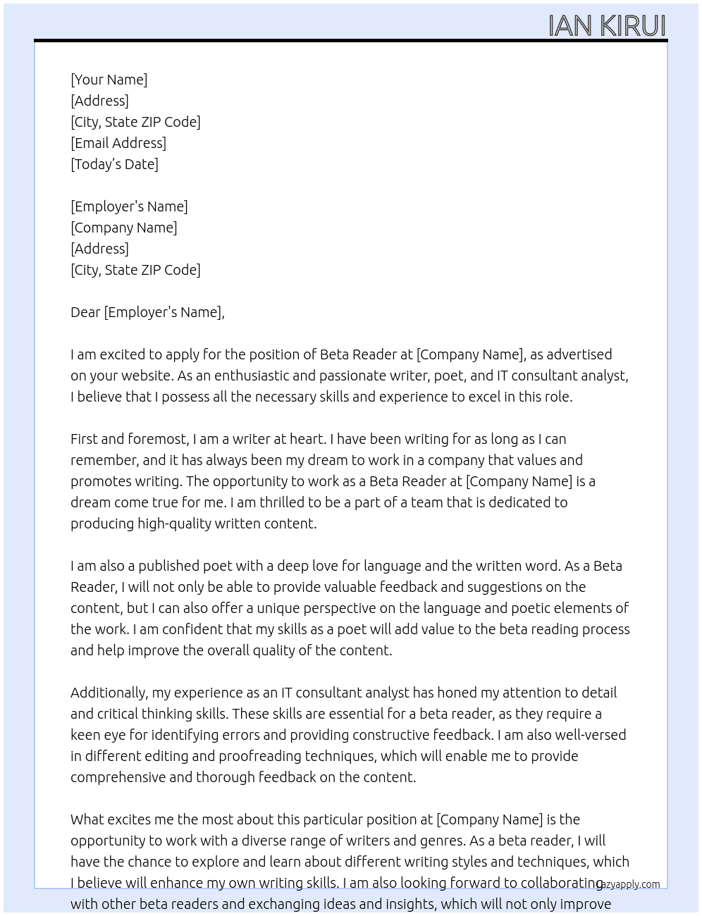 beta reader At writer Cover Letter