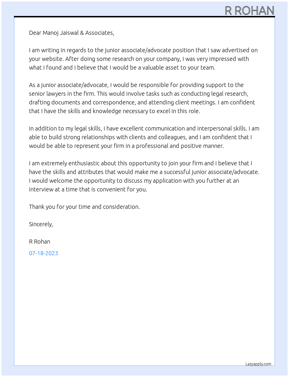 Junior associate/ Advocate  At Manoj Jaiswal & Associate Cover Letter