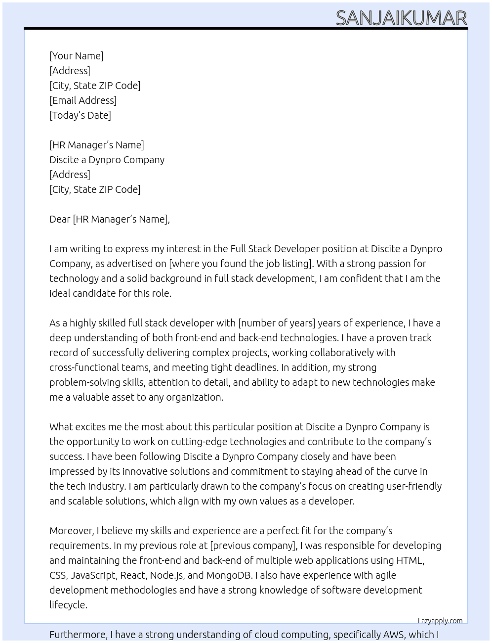full stack devloper At discite a dynpro company Cover Letter