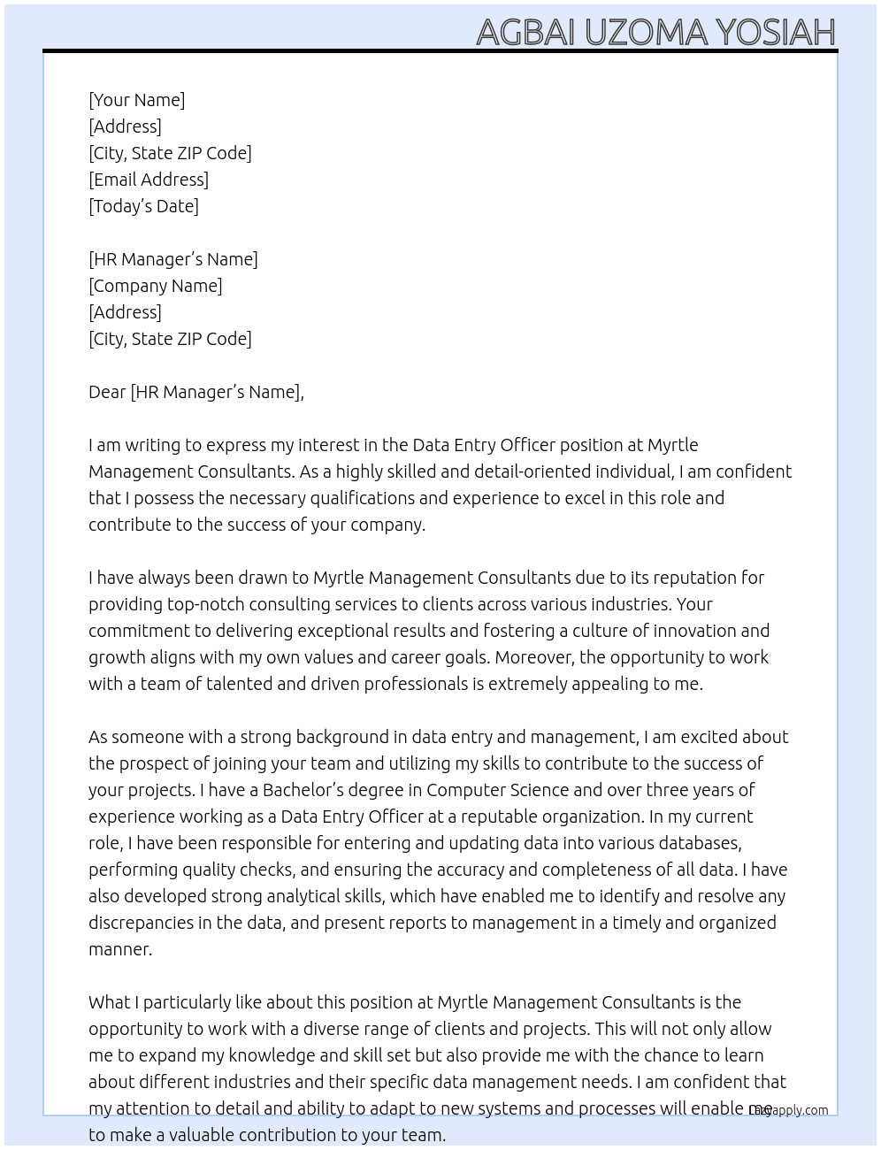 Data Entry Officer At Myrtle Management Consultants Cover Letter