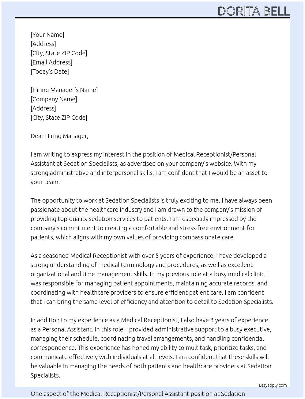 Medical Receptionist/Personal Assistant At Sedation Specialists Cover Letter