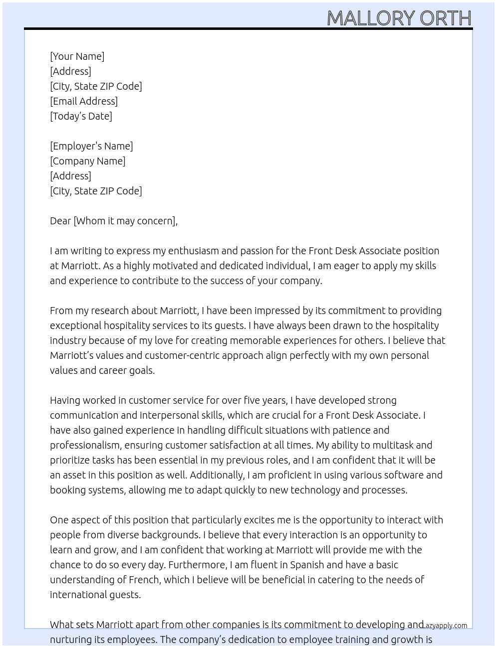 Front Desk Associate  At Marriott  Cover Letter