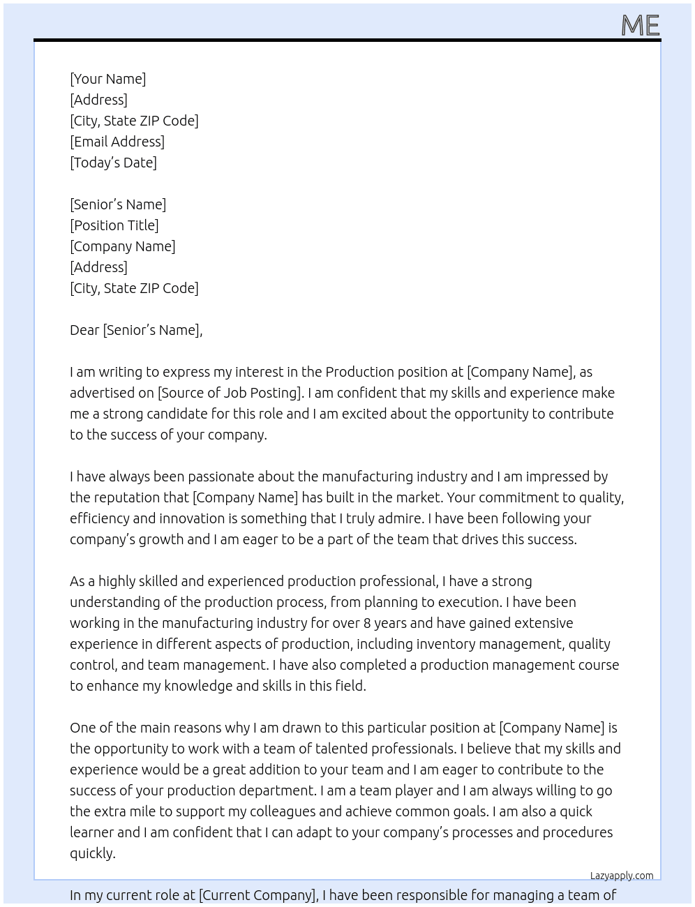 production At factory Cover Letter