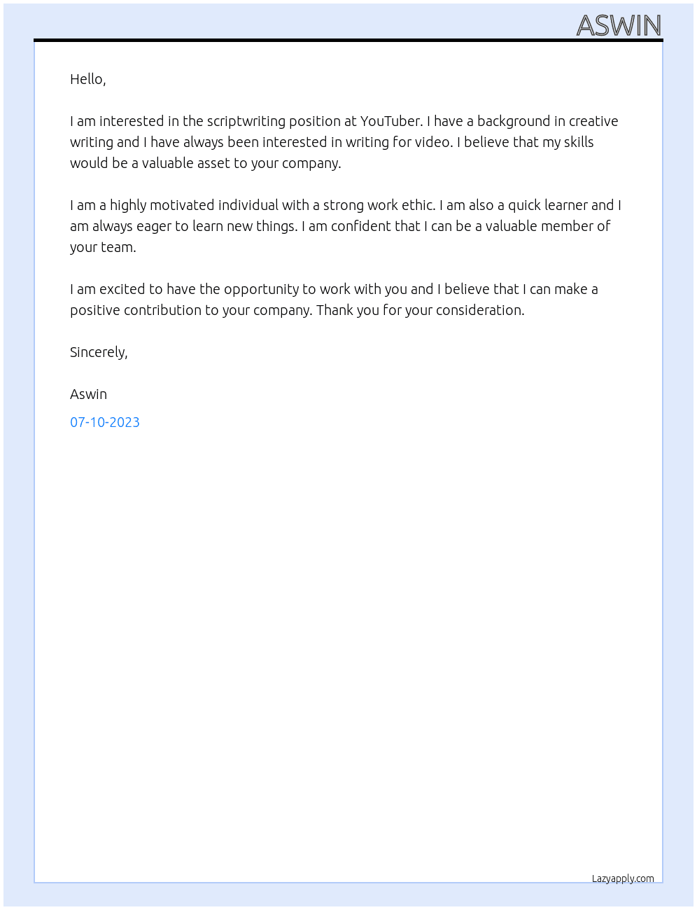 Scriptwriting At YouTuber Cover Letter