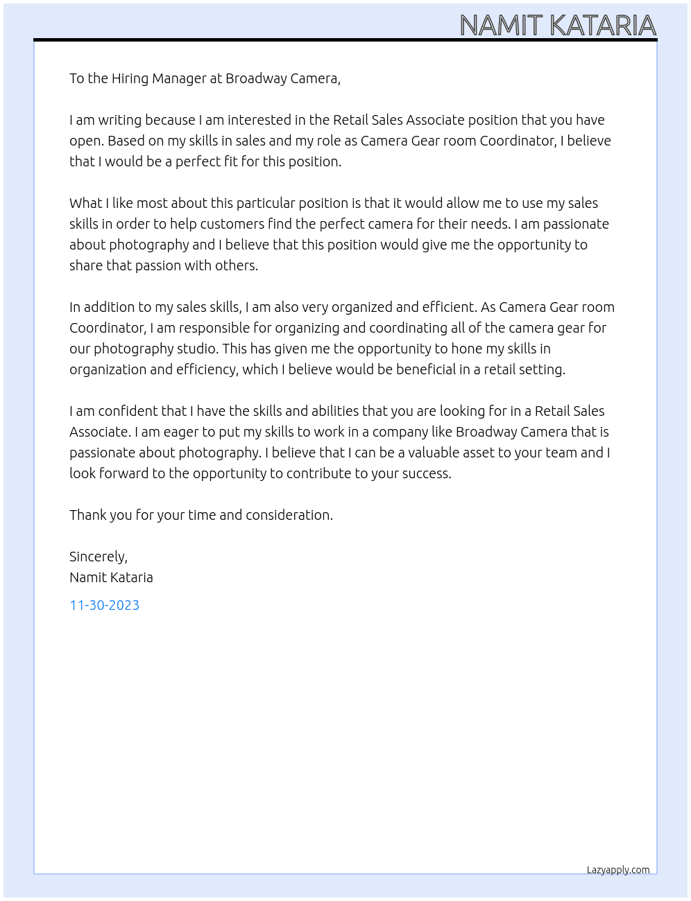 Retail Sales Associate At Broadway Camera Cover Letter