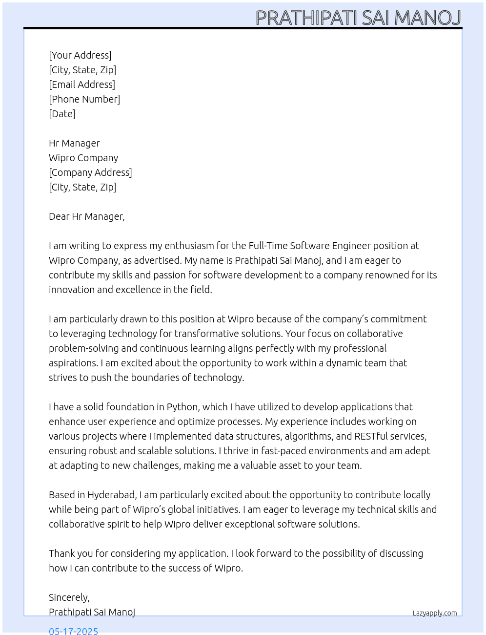 software engineer At Wipro Company Cover Letter