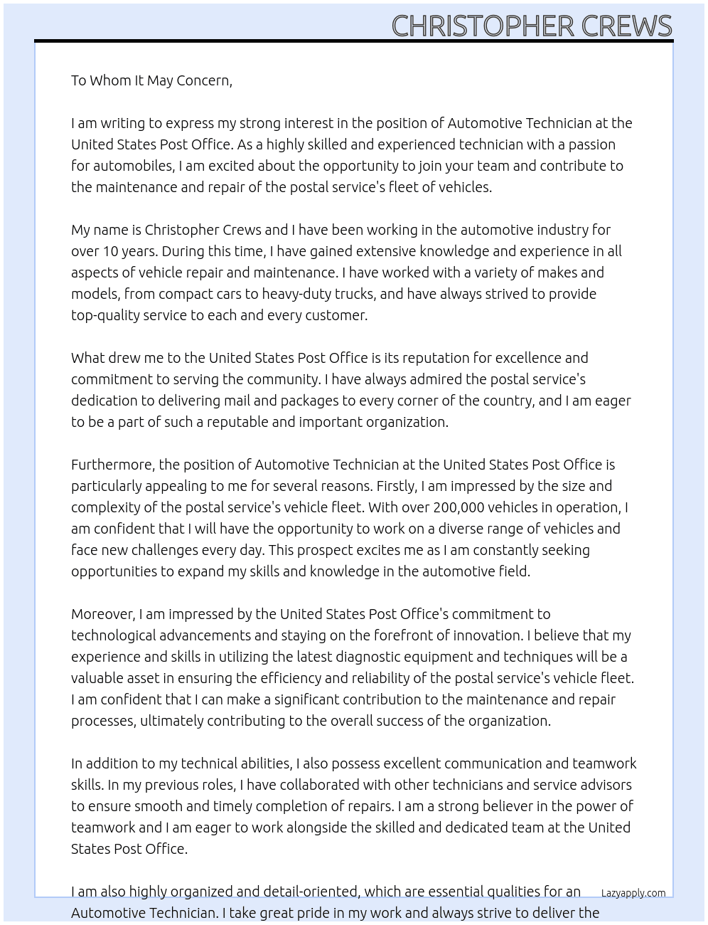 Automotive Technician At United States Post Office Cover Letter