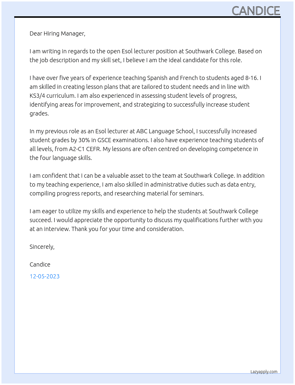 Esol lecturer At Southwark College Cover Letter