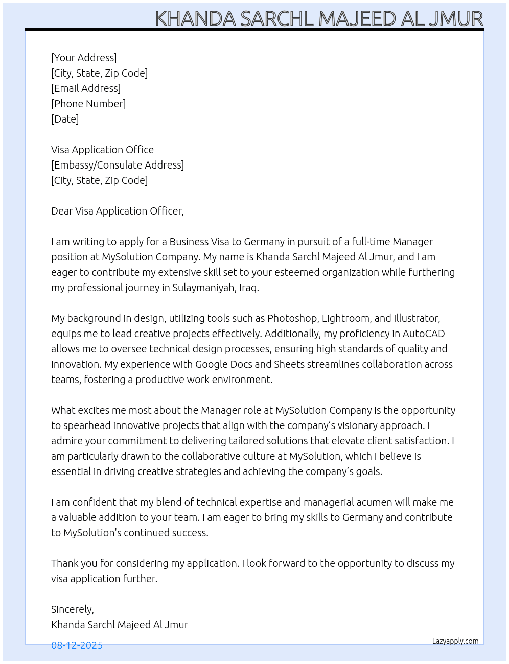 Manager  At MySolution Company  Cover Letter