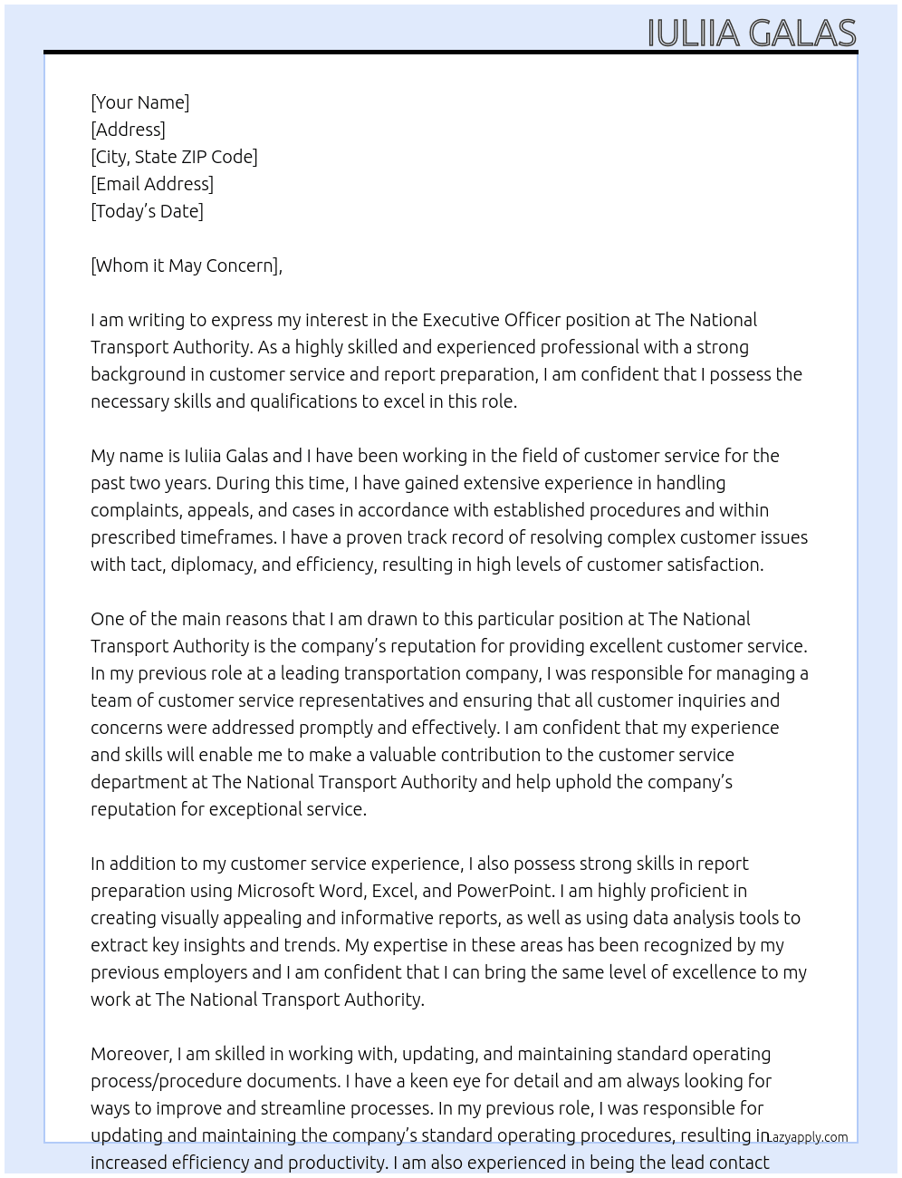 Executive Officer At The National Transport Authority  Cover Letter