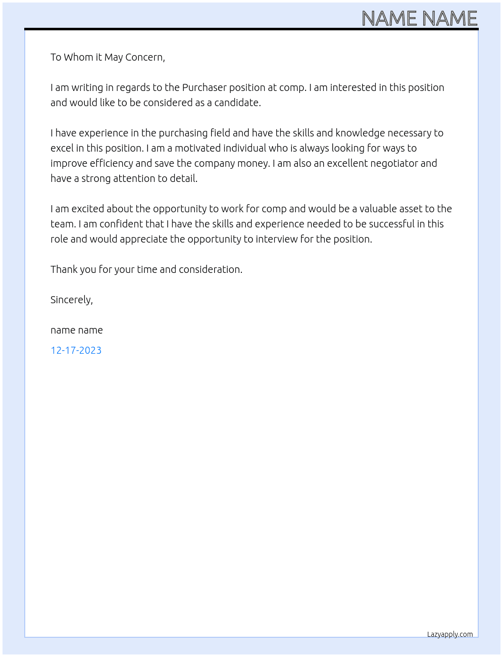 Purchaser At comp Cover Letter
