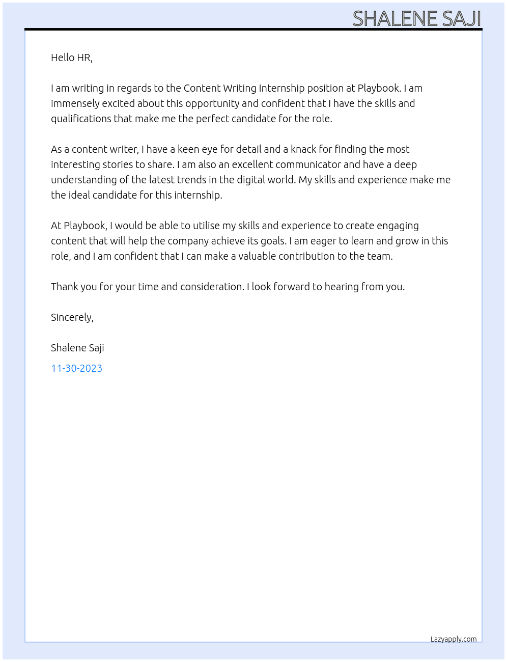 Content Writing Internship At Playbook Cover Letter