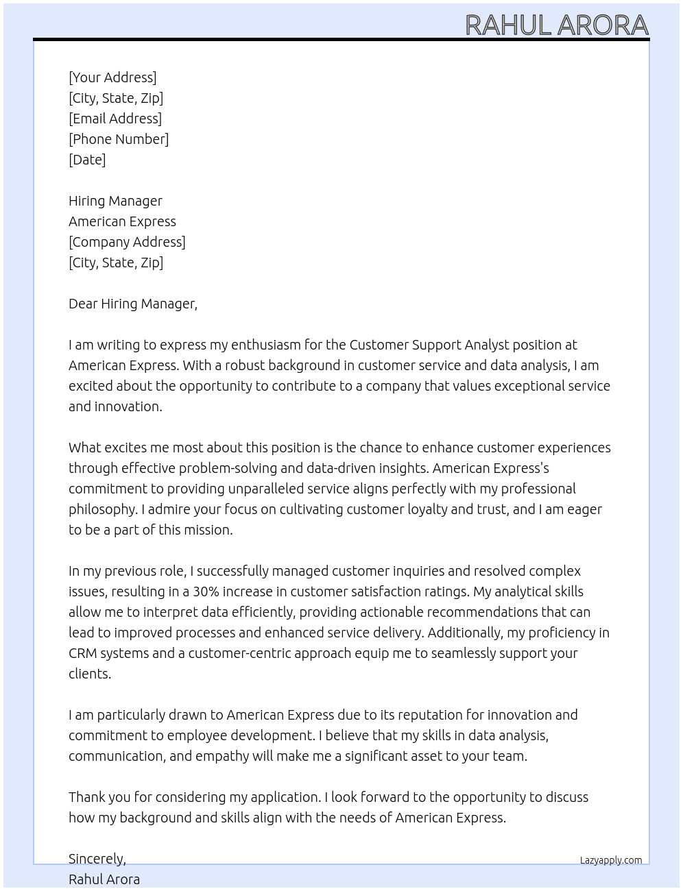 Cover letter for customer support analyst - LazyApply