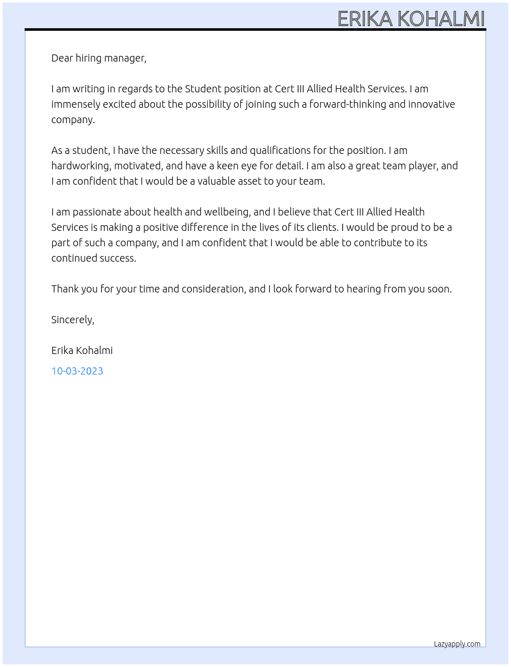 Student At Cert III Allied Health Services Cover Letter