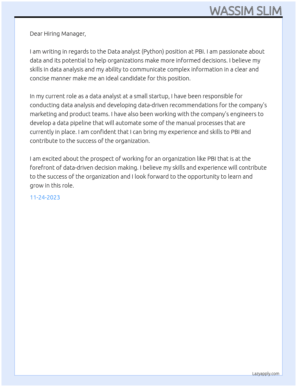 Data analyst (Python) référentiel de données At PBI Cover Letter