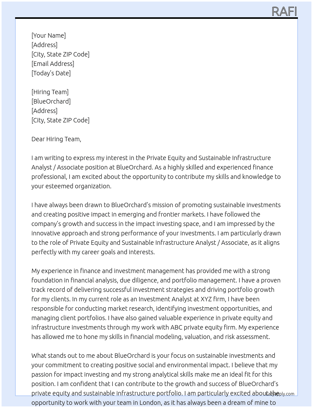 Private Equity and Sustainable Infrastructure Analyst / Associate At BlueOrchard Cover Letter