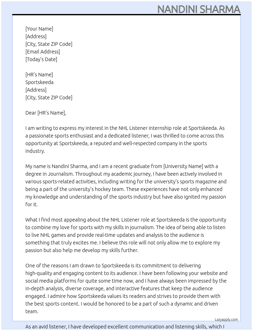 Cover letter for nhl listener - LazyApply
