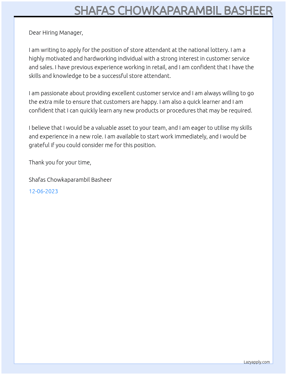 store attendant At national lottery Cover Letter
