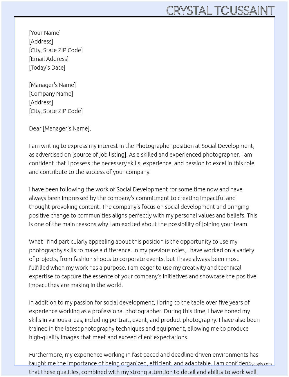 Photographer At Social Development Cover Letter