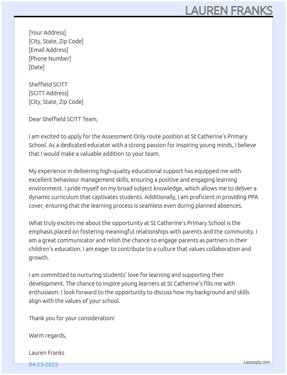 Assessment only route At St Catherine’s Primary School Cover Letter
