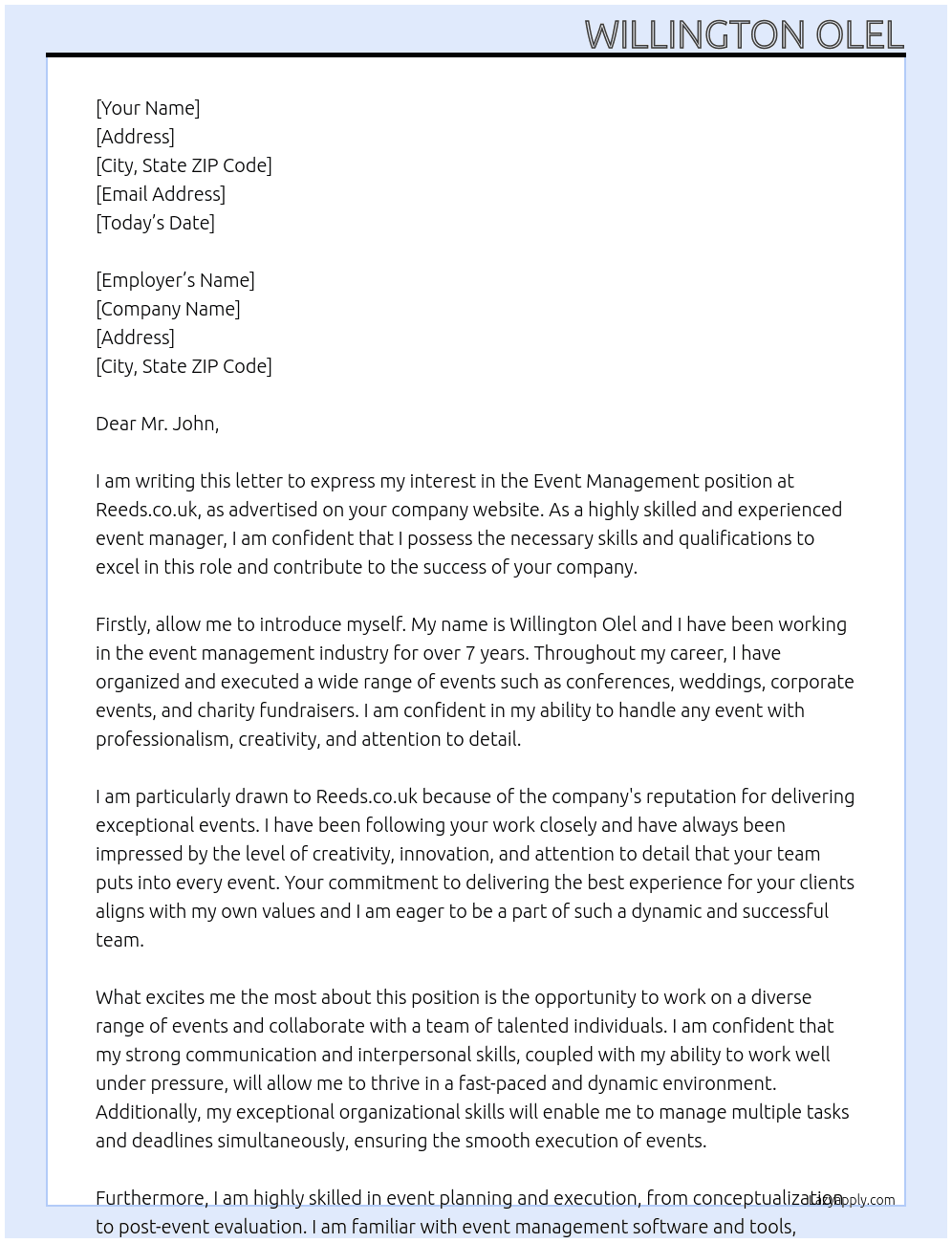 event management At reeds.co.uk Cover Letter