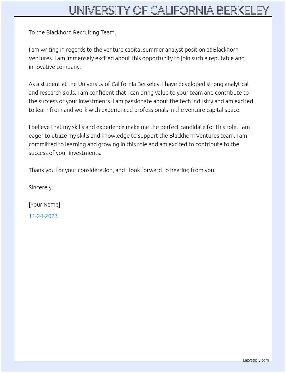Venture capital summer analyst  At Blackhorn Ventures Cover Letter