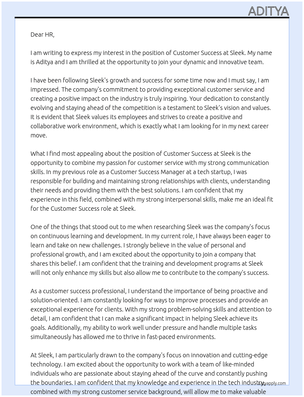 Customer Success At Sleek Cover Letter