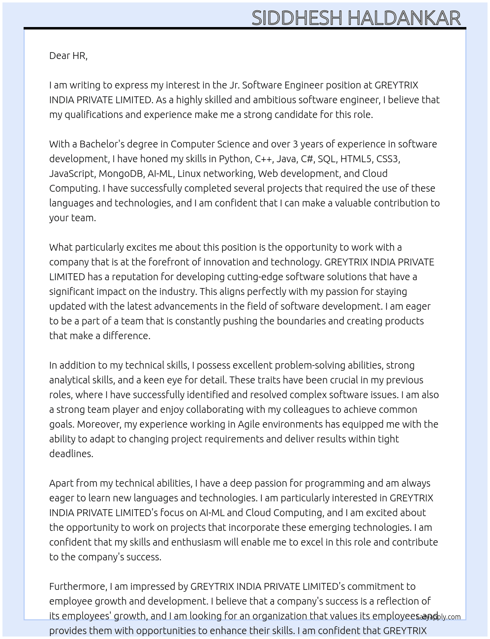 Jr. Software Engineer At GREYTRIX INDIA PRIVATE LIMITED Cover Letter